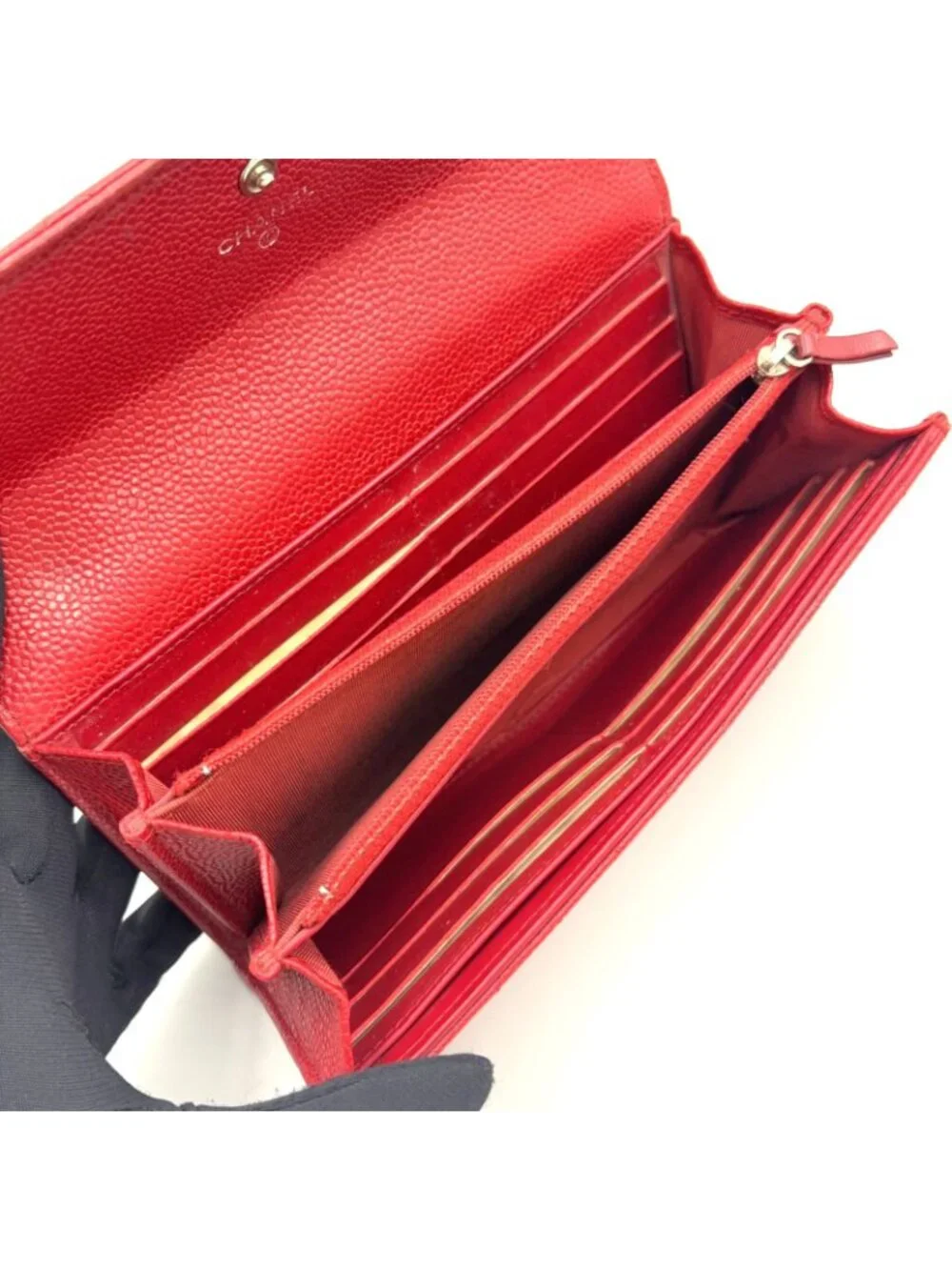 Chanel Quilted Caviar Leather Red Wallet Silver